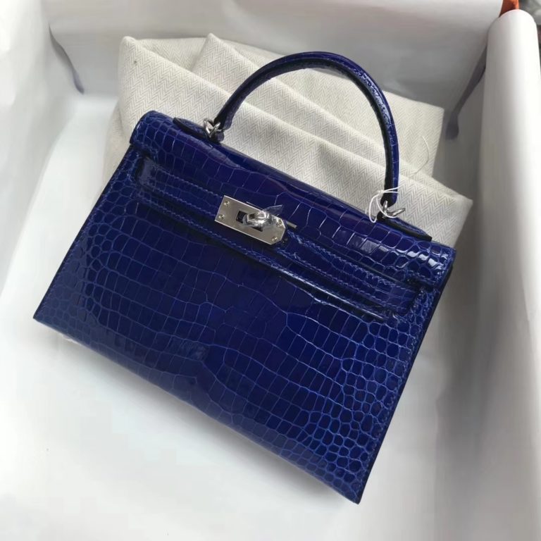 Hermes Shiny Crocodile Leather Minikelly-2 Clutch Bag in 7T Blue Electric