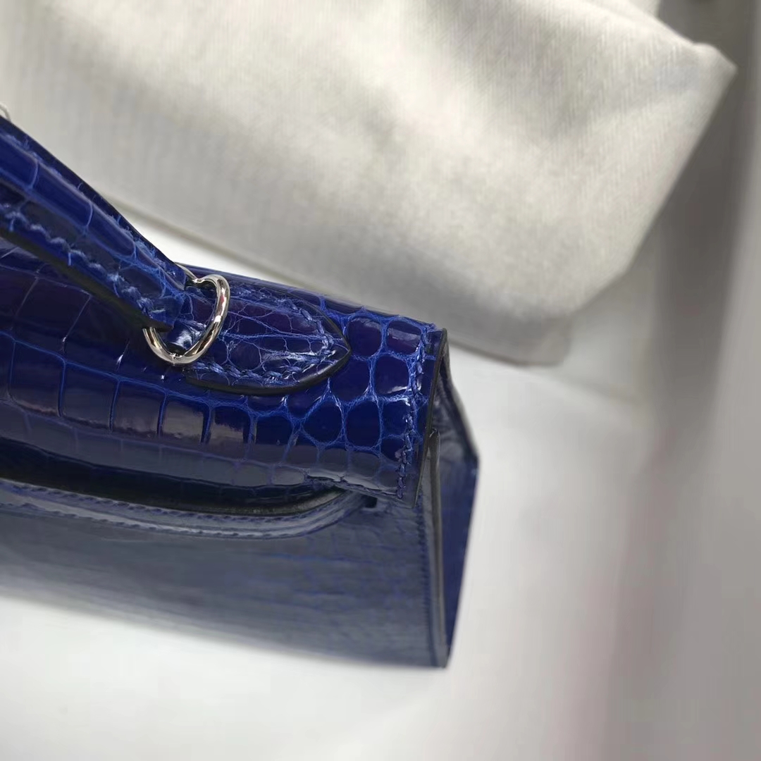 Luxury Hermes Shiny Crocodile Leather Minikelly-2 Clutch Bag in 7T Blue Electric