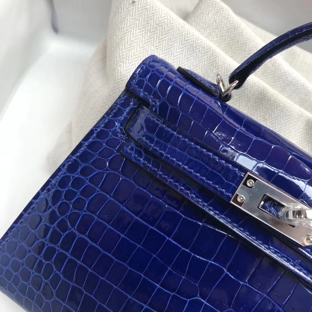 Luxury Hermes Shiny Crocodile Leather Minikelly-2 Clutch Bag in 7T Blue Electric