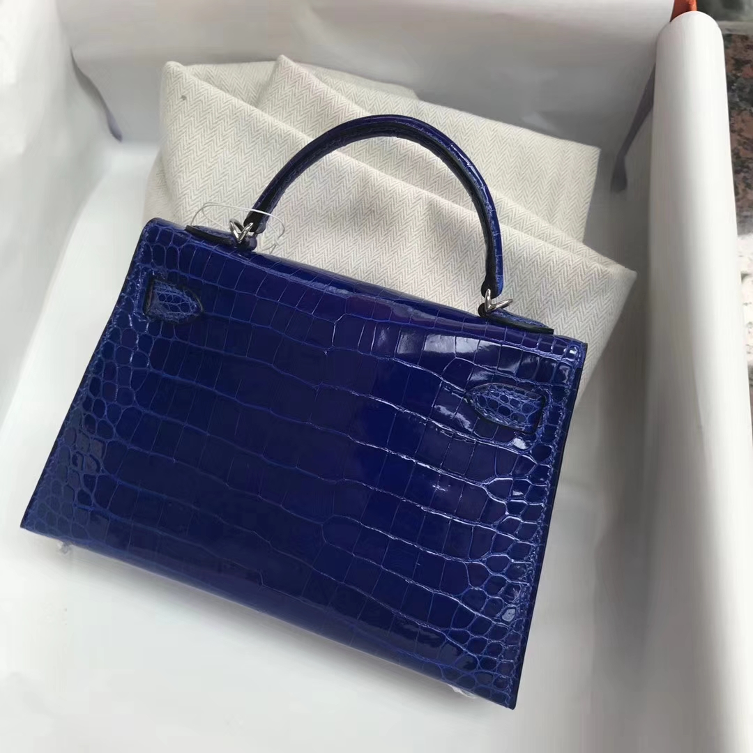 Luxury Hermes Shiny Crocodile Leather Minikelly-2 Clutch Bag in 7T Blue Electric