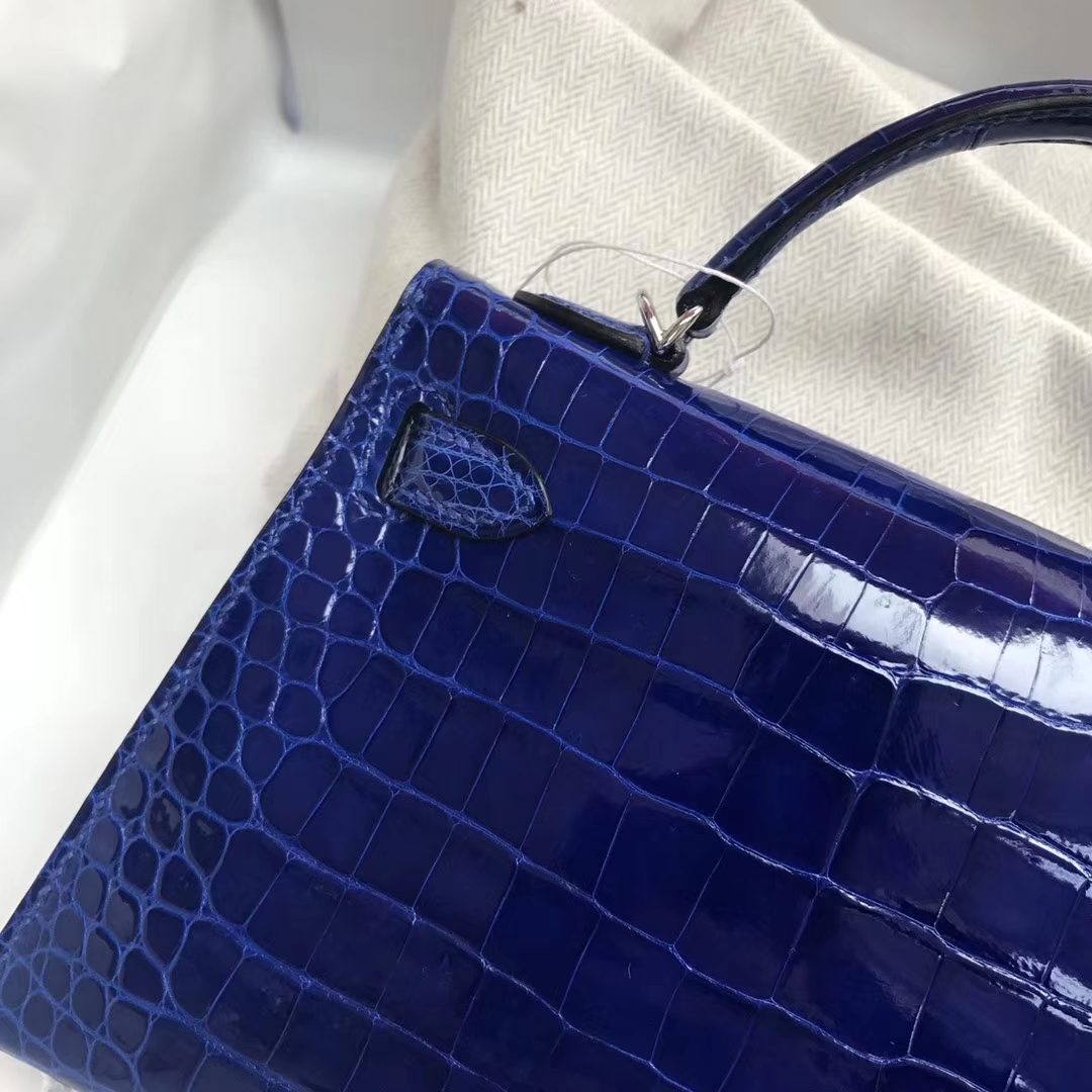 Luxury Hermes Shiny Crocodile Leather Minikelly-2 Clutch Bag in 7T Blue Electric