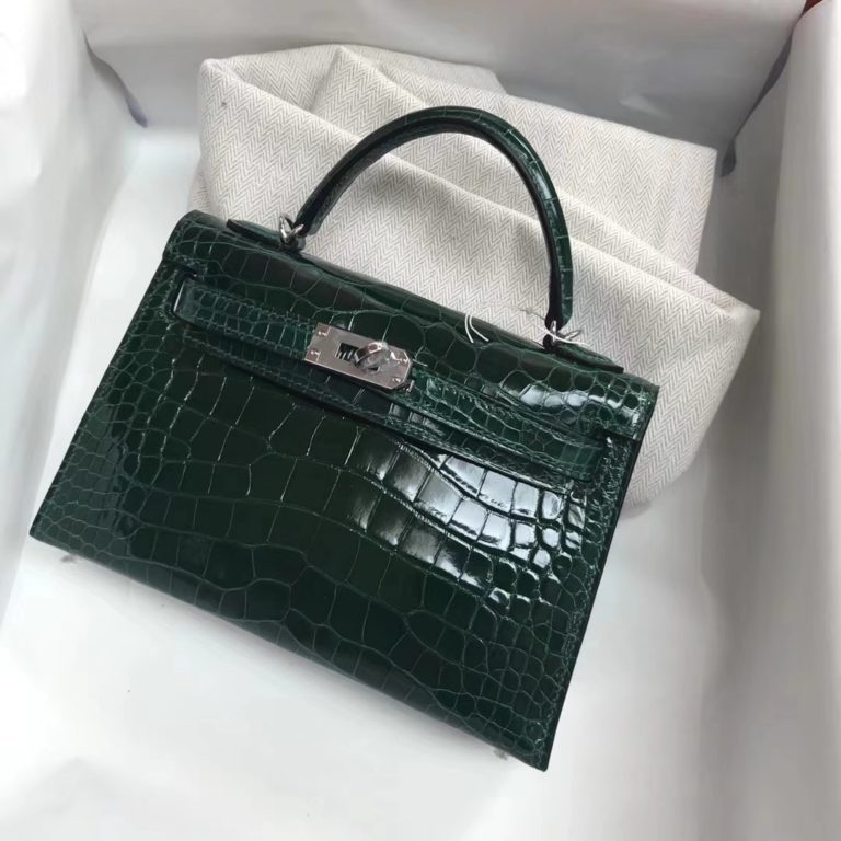 Hermes CK67 Vert Fonce Shiny Crocodile Leather Minikelly-2 Clutch Bag
