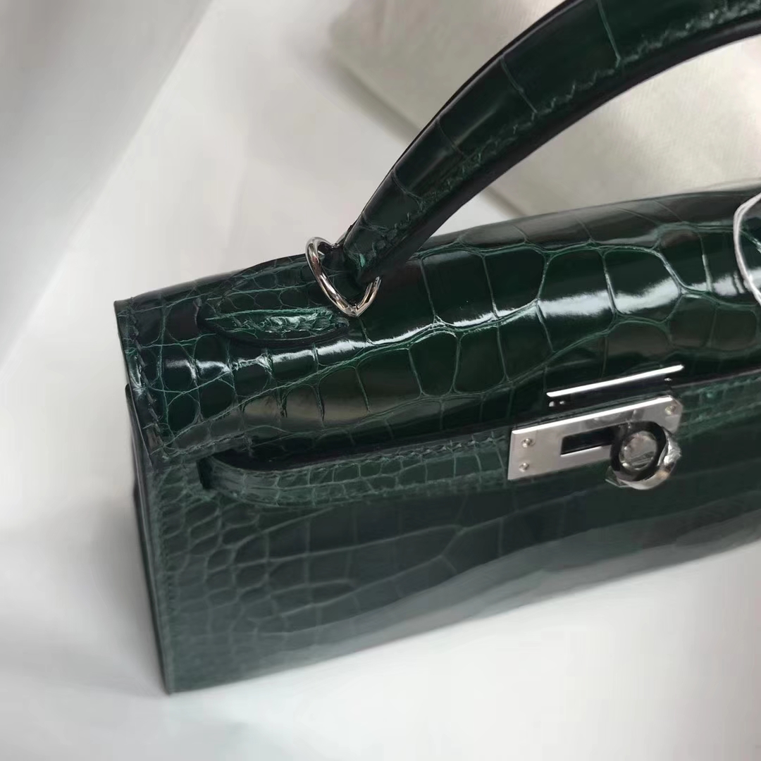 Noble Hermes CK67 Vert Fonce Shiny Crocodile Leather Minikelly-2 Clutch Bag