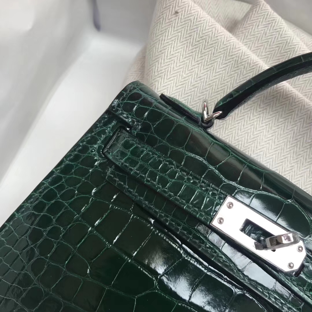 Noble Hermes CK67 Vert Fonce Shiny Crocodile Leather Minikelly-2 Clutch Bag