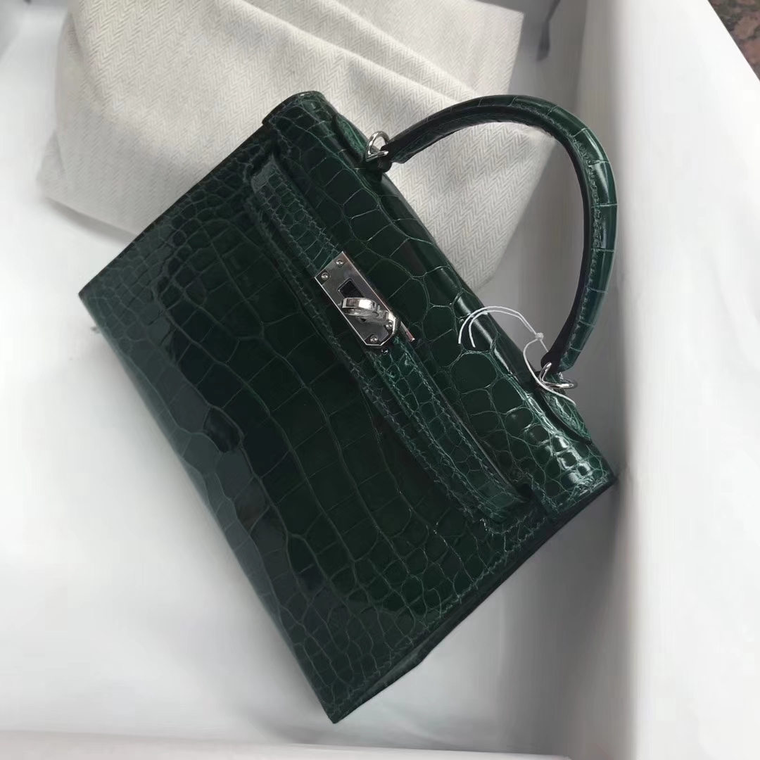 Noble Hermes CK67 Vert Fonce Shiny Crocodile Leather Minikelly-2 Clutch Bag
