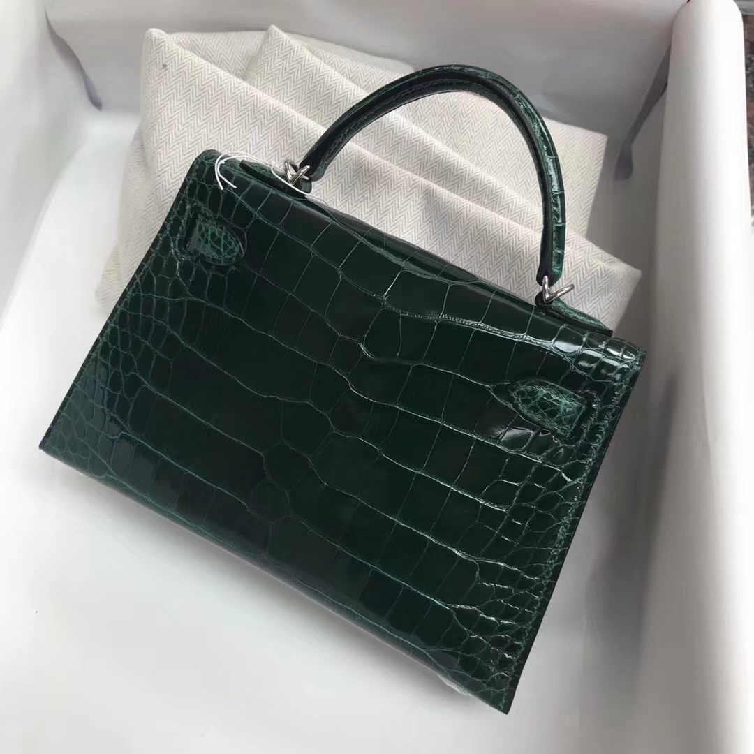 Noble Hermes CK67 Vert Fonce Shiny Crocodile Leather Minikelly-2 Clutch Bag