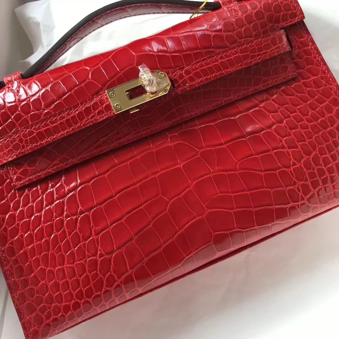 Hermes CK95 Braise Alligator Shiny Crocodile Minikelly Clutch Bag Gold Hardware