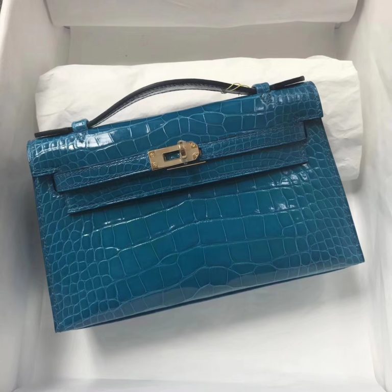 Hermes Shiny Crocodile Minikelly Clutch Bag in 7W Blue Izmir Gold Hardware