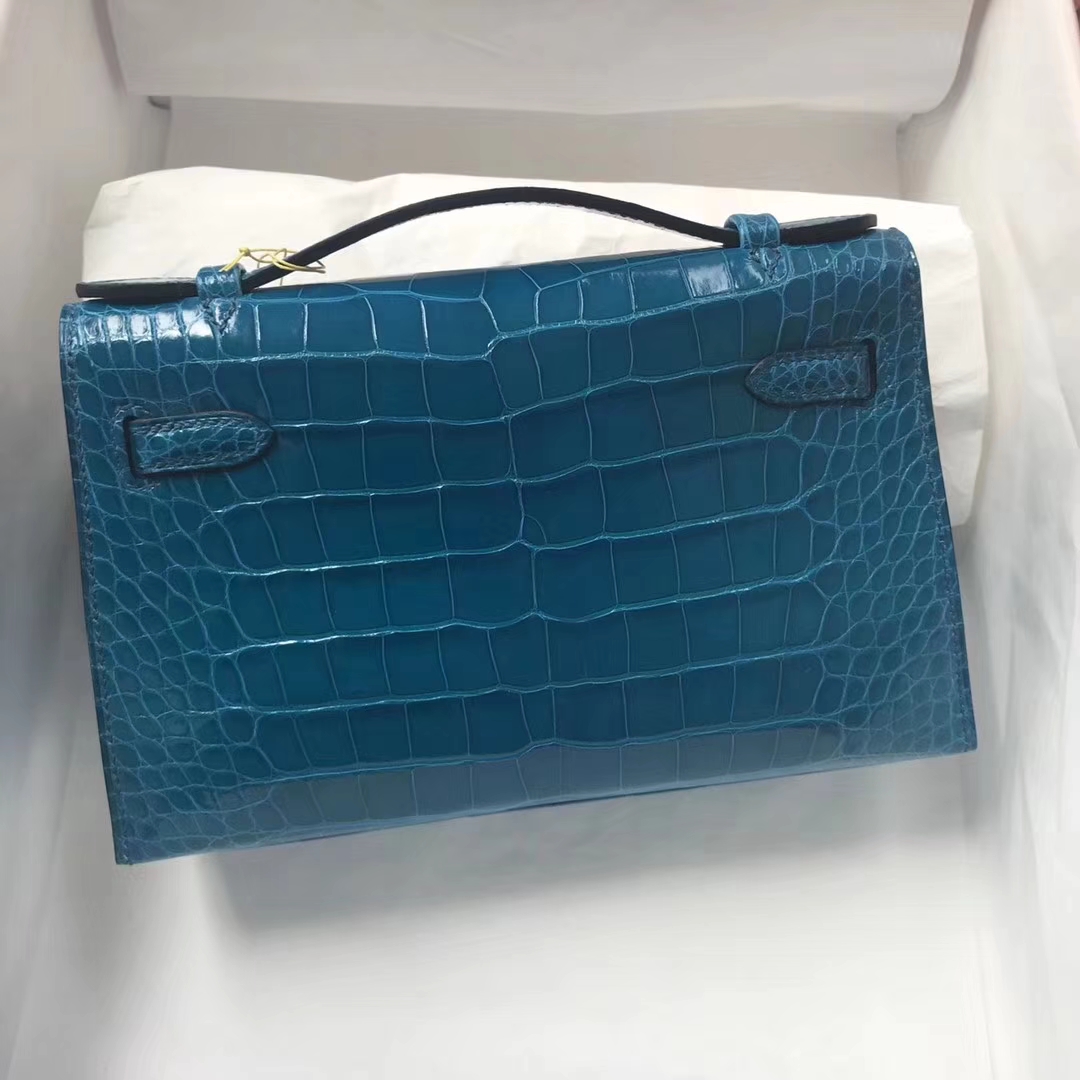 Fashion Hermes Shiny Crocodile Minikelly Clutch Bag in 7W Blue Izmir Gold Hardware