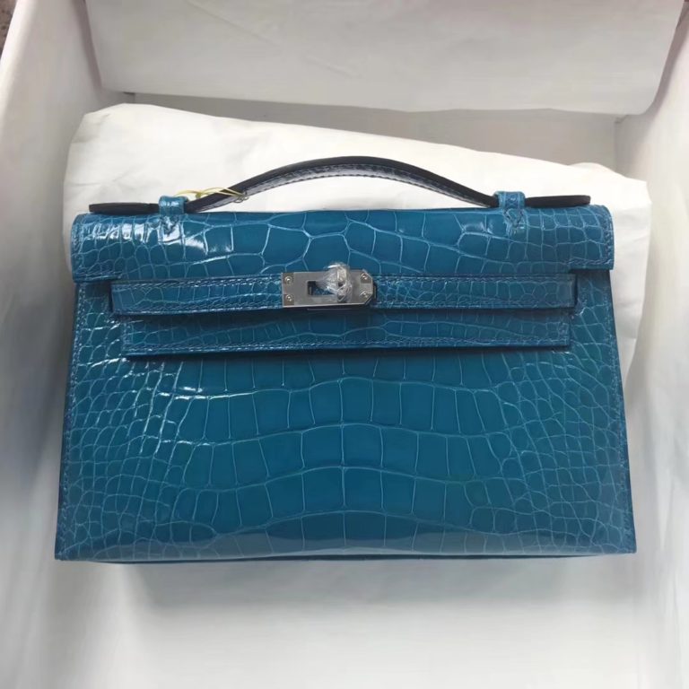 Hermes 7W Blue Izmir Shiny Crocodile Leather Minikelly Evening Bag Silver Hardware