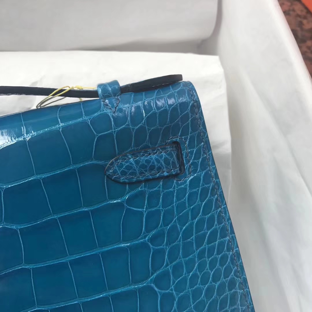 Hermes 7W Blue Izmir Shiny Crocodile Leather Minikelly Evening Bag Silver Hardware