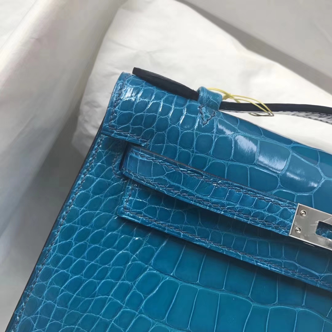 Hermes 7W Blue Izmir Shiny Crocodile Leather Minikelly Evening Bag Silver Hardware