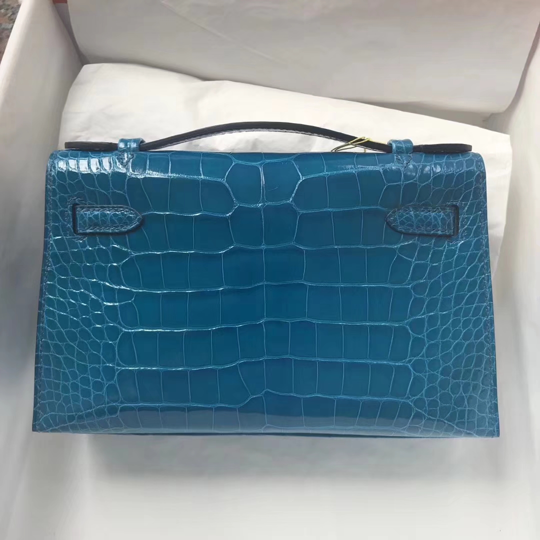 Hermes 7W Blue Izmir Shiny Crocodile Leather Minikelly Evening Bag Silver Hardware