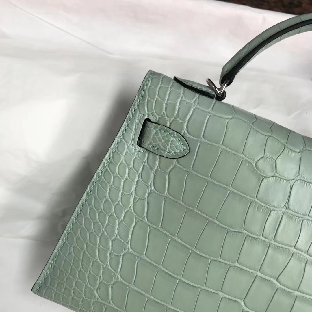 Wholesale Hermes 6U Mint Green Matt Crocodile Leather Minikelly-2 Clutch Bag