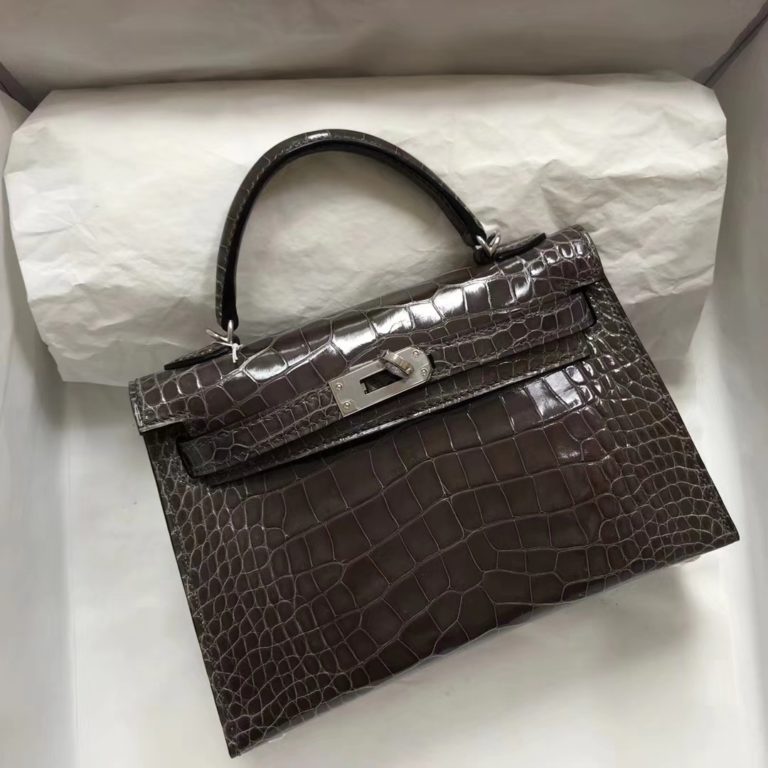 Hermes CK88 Graphite Grey Shiny Crocodile Leather Minikelly-2 Bag