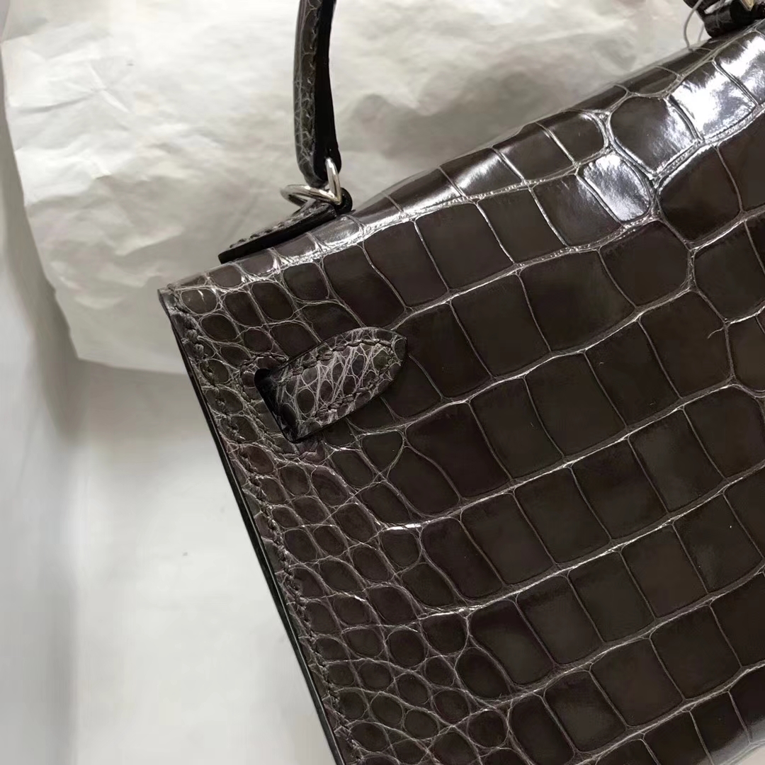 Wholesale Hermes CK88 Graphite Grey Shiny Crocodile Leather Minikelly-2 Bag