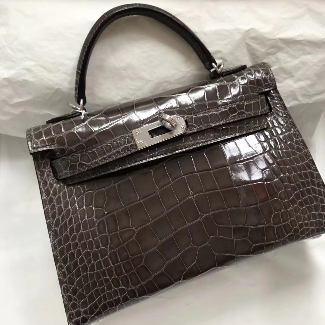 Wholesale Hermes CK88 Graphite Grey Shiny Crocodile Leather Minikelly-2 Bag