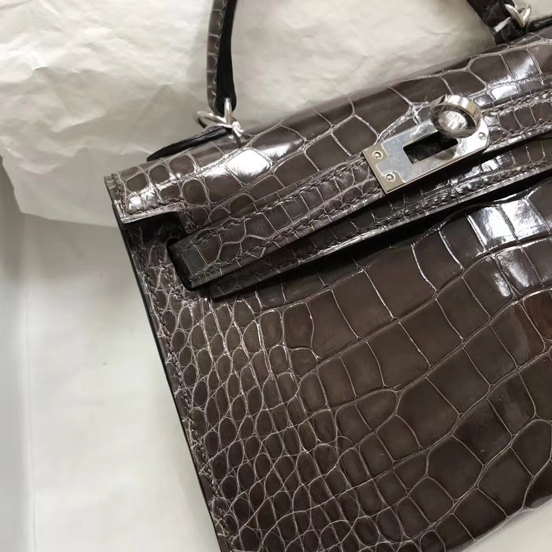 Wholesale Hermes CK88 Graphite Grey Shiny Crocodile Leather Minikelly-2 Bag