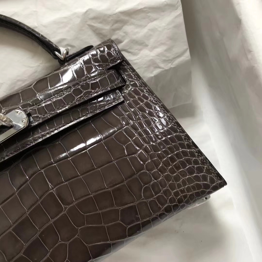Wholesale Hermes CK88 Graphite Grey Shiny Crocodile Leather Minikelly-2 Bag