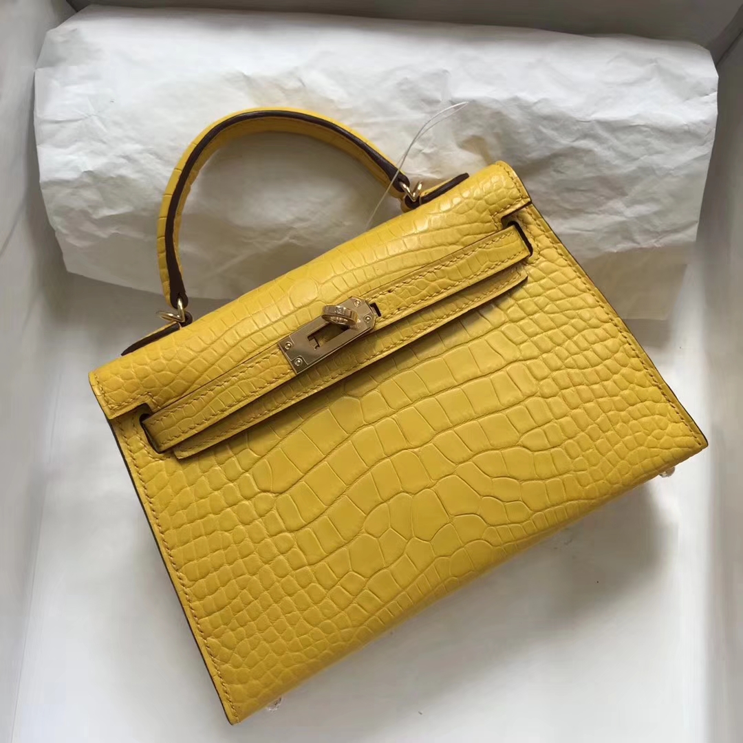 New Arrival Hermes 9D Ambre Yellow Matt Crocodile Leather Minikelly-2 Clutch Bag