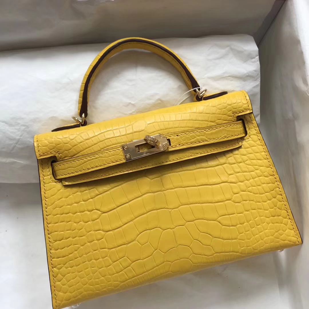 New Arrival Hermes 9D Ambre Yellow Matt Crocodile Leather Minikelly-2 Clutch Bag