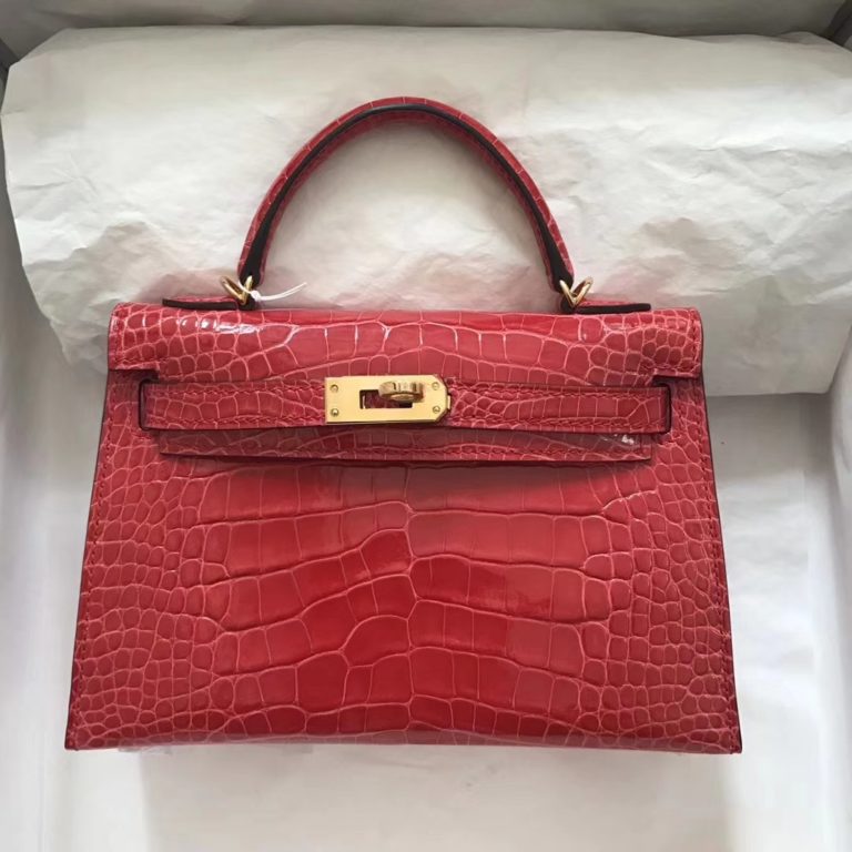 Hermes D5 Coral Red Shiny Crocodile Minikelly-2 Evening Clutch Bag
