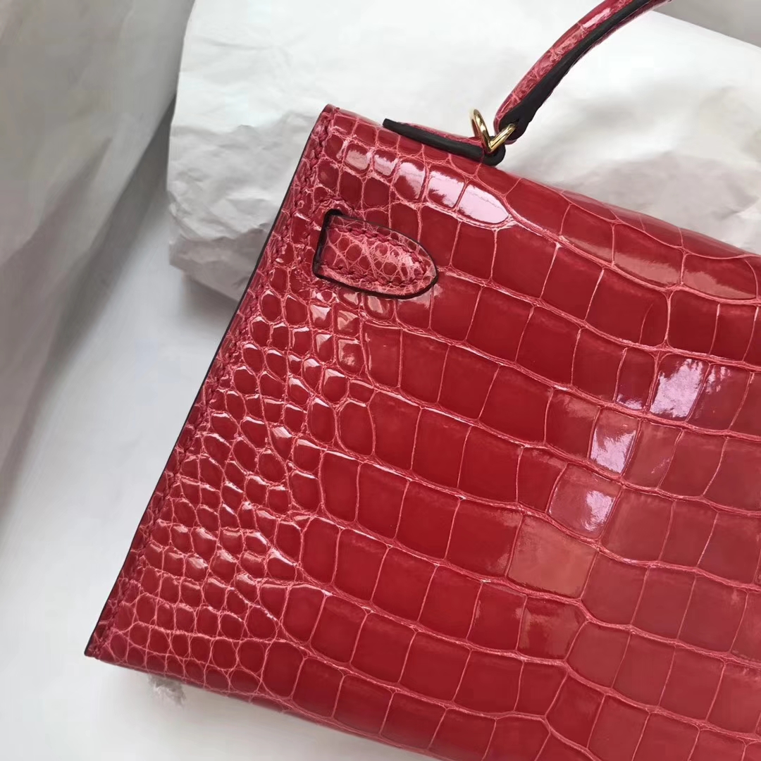 Pretty Hermes D5 Coral Red Shiny Crocodile Minikelly-2 Evening Clutch Bag