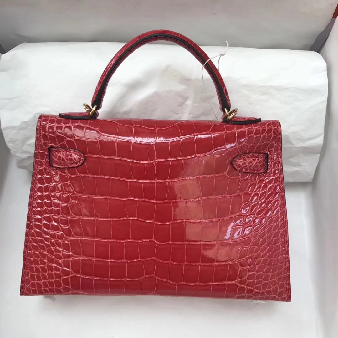 Pretty Hermes D5 Coral Red Shiny Crocodile Minikelly-2 Evening Clutch Bag