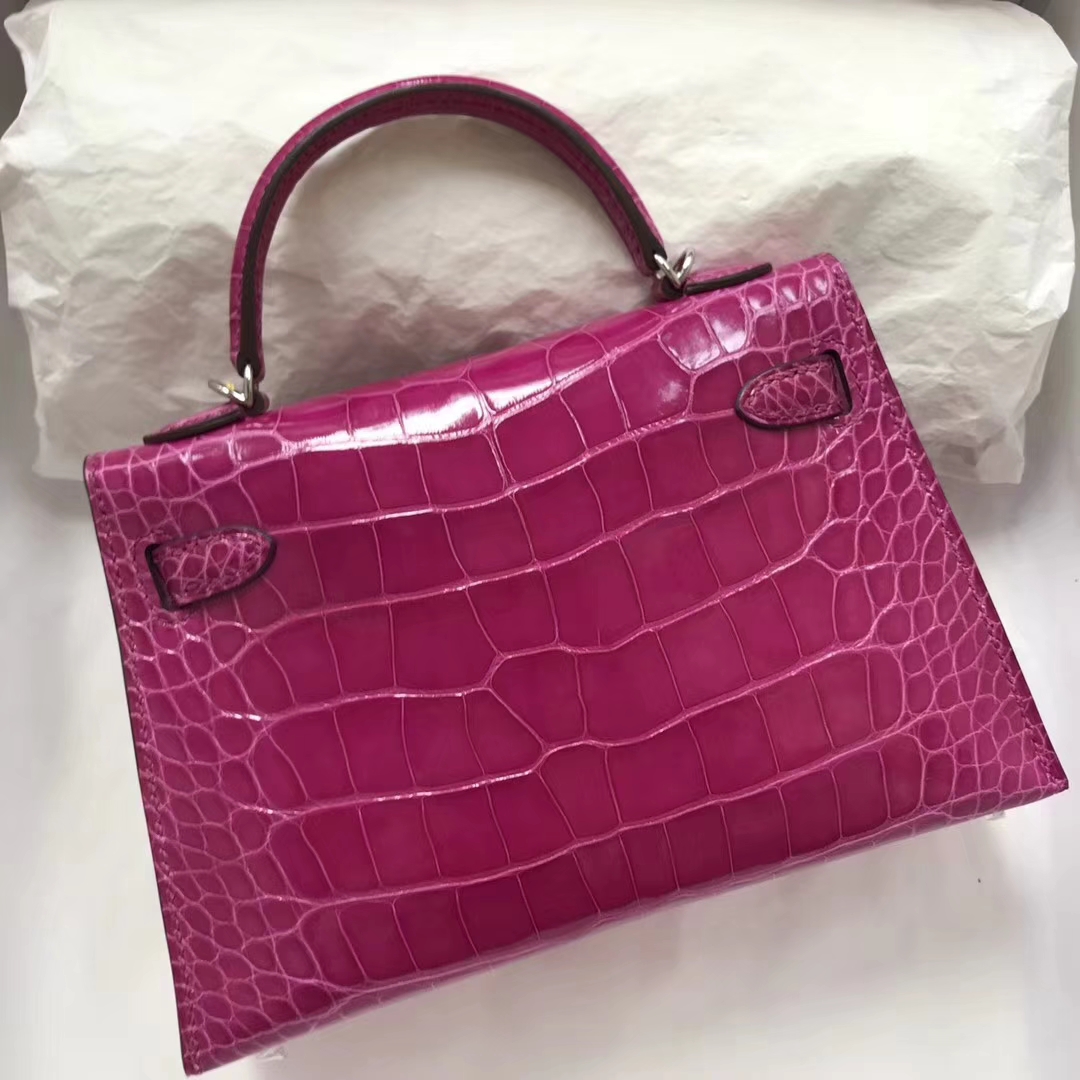 Elegant Hermes J5 Rose Scheherazade Shiny Crocodile Minikelly-2 Clutch Bag