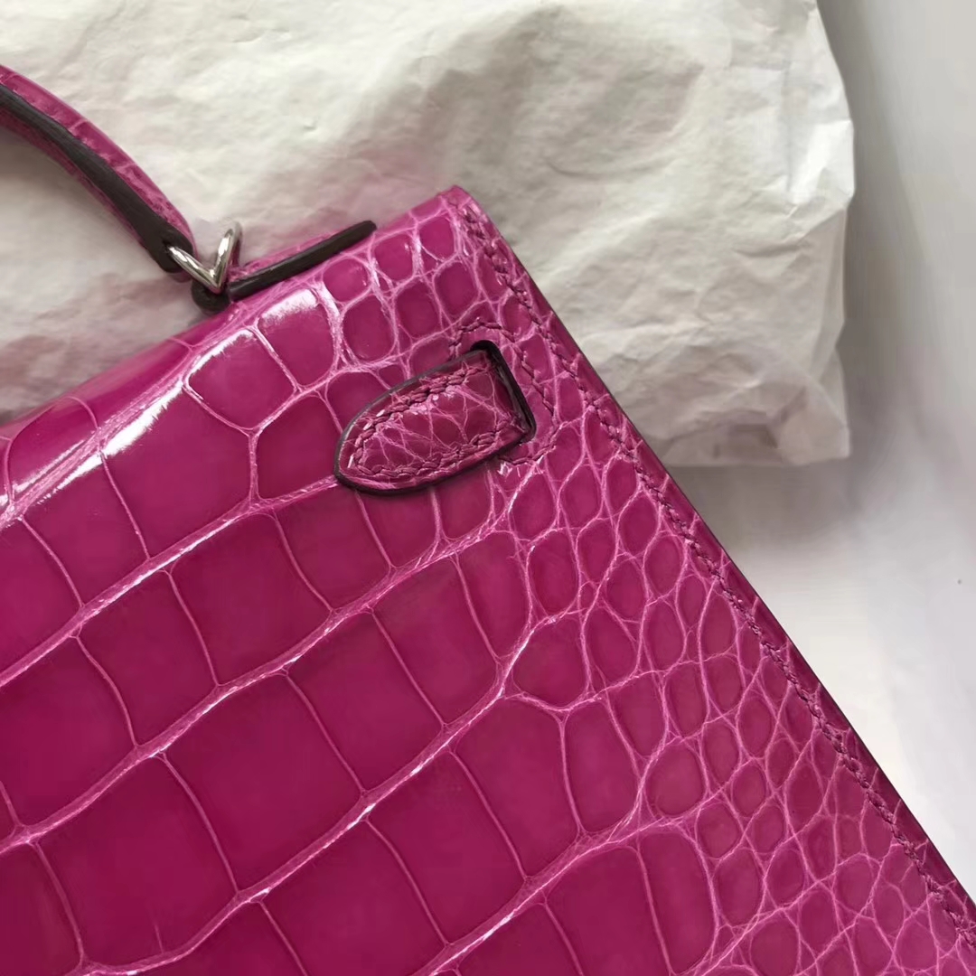 Elegant Hermes J5 Rose Scheherazade Shiny Crocodile Minikelly-2 Clutch Bag