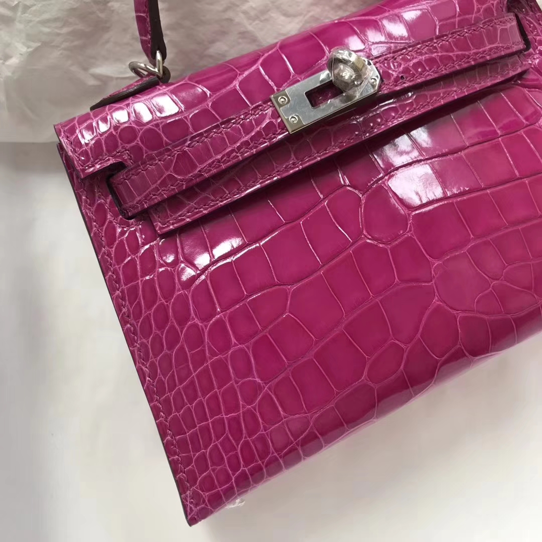 Elegant Hermes J5 Rose Scheherazade Shiny Crocodile Minikelly-2 Clutch Bag