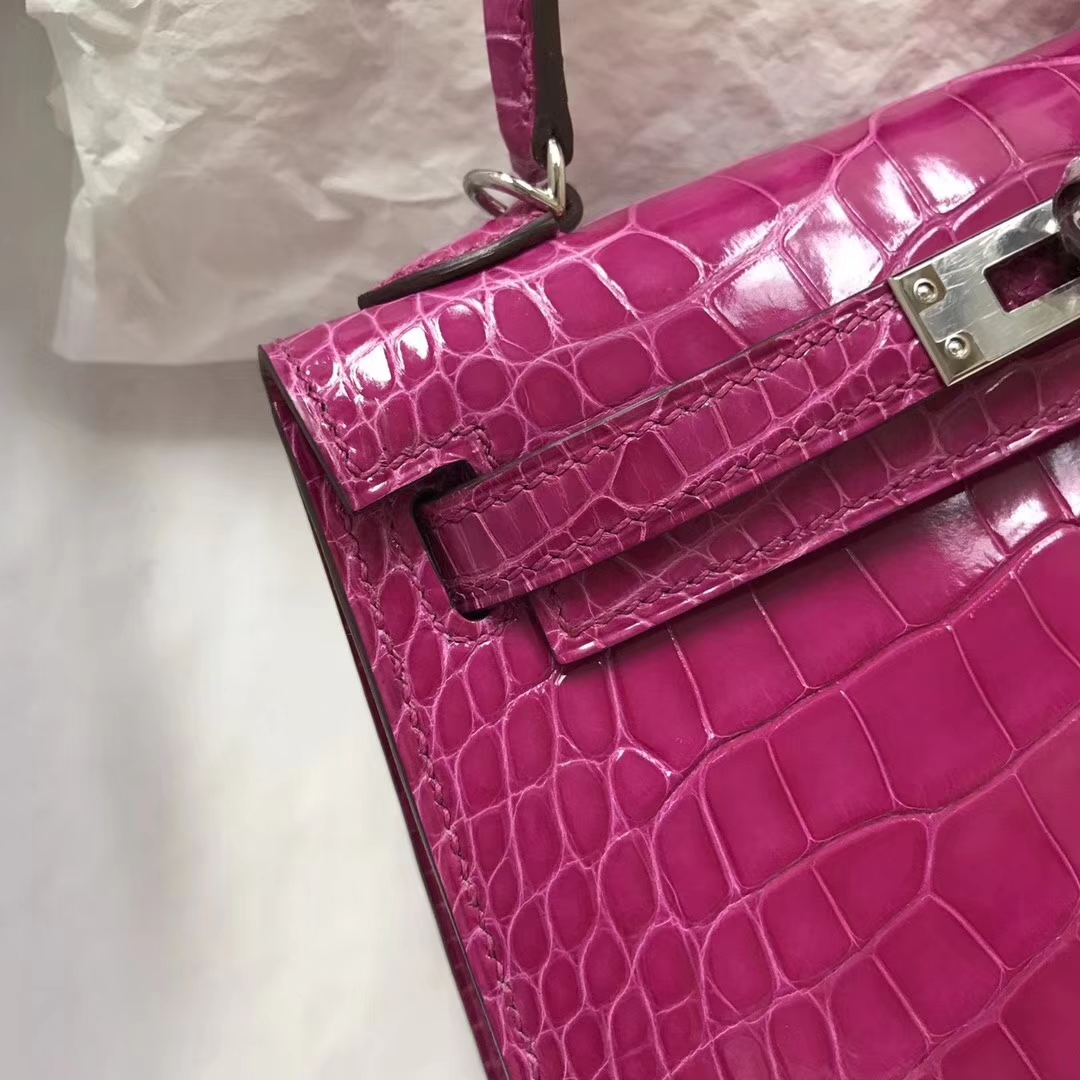 Elegant Hermes J5 Rose Scheherazade Shiny Crocodile Minikelly-2 Clutch Bag