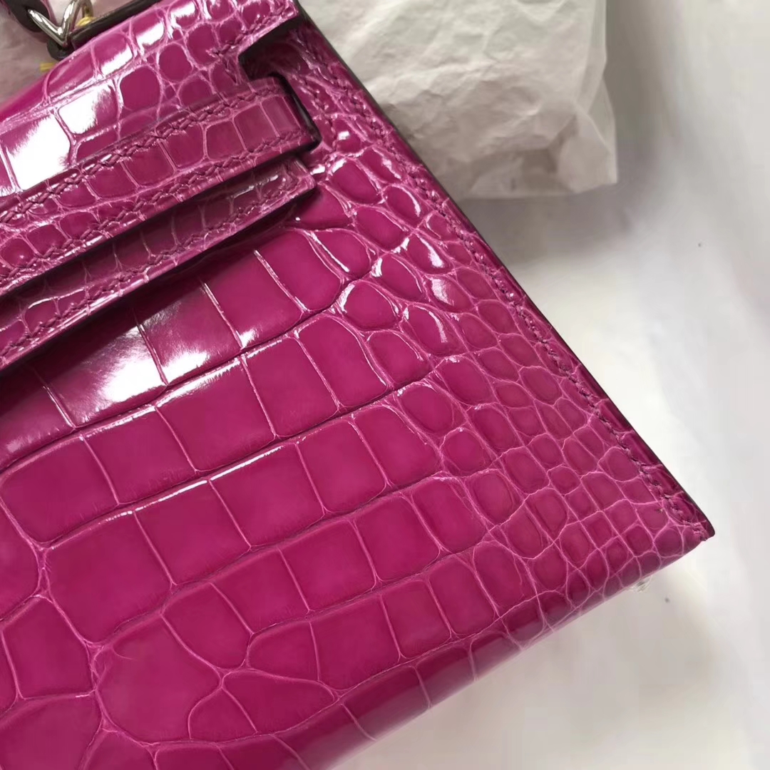 Elegant Hermes J5 Rose Scheherazade Shiny Crocodile Minikelly-2 Clutch Bag