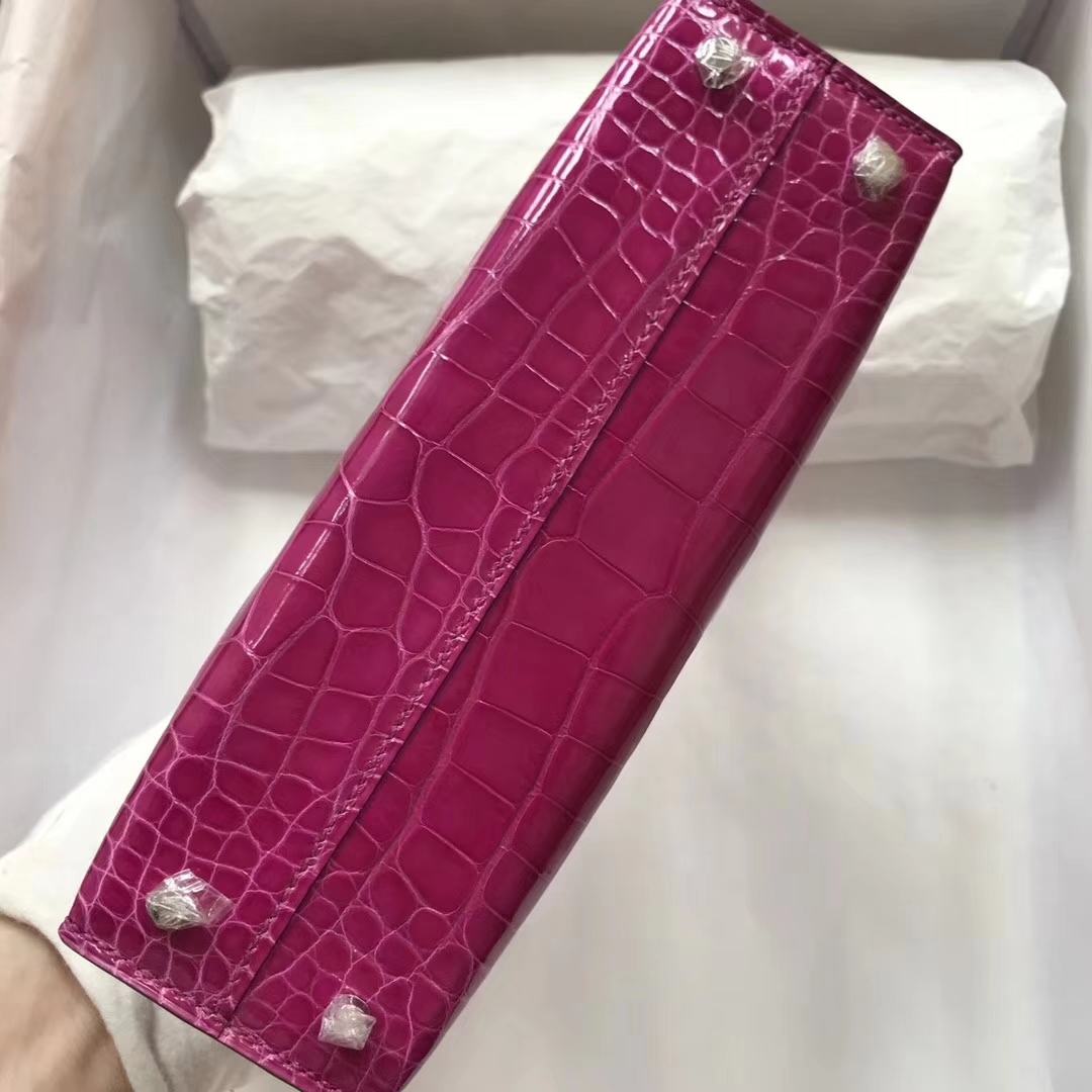 Elegant Hermes J5 Rose Scheherazade Shiny Crocodile Minikelly-2 Evening Bag