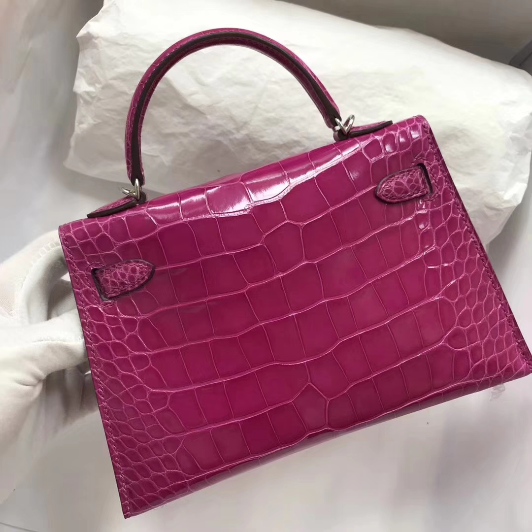 Elegant Hermes J5 Rose Scheherazade Shiny Crocodile Minikelly-2 Evening Bag