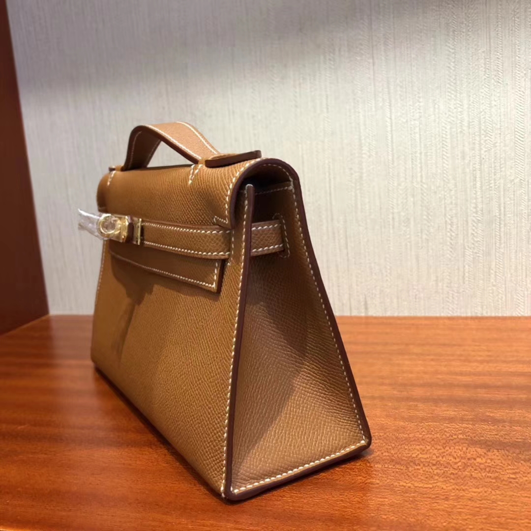 Fashion Hermes CK37 Gold Epsom Calf Minikelly Evening Clutch Bag Gold Hardware