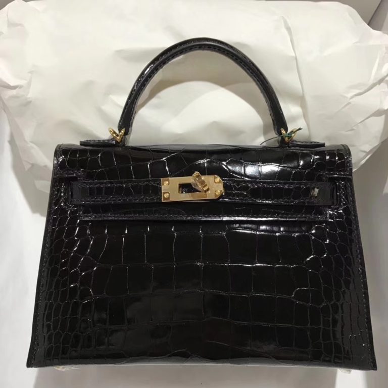 Hermes Shiny Crocodile Leather Minikelly-2 Evening Bag in CK89 Black