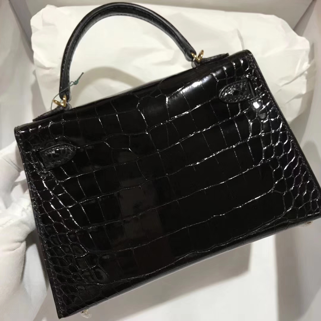 Noble Hermes Shiny Crocodile Leather Minikelly-2 Evening Bag in CK89 Black