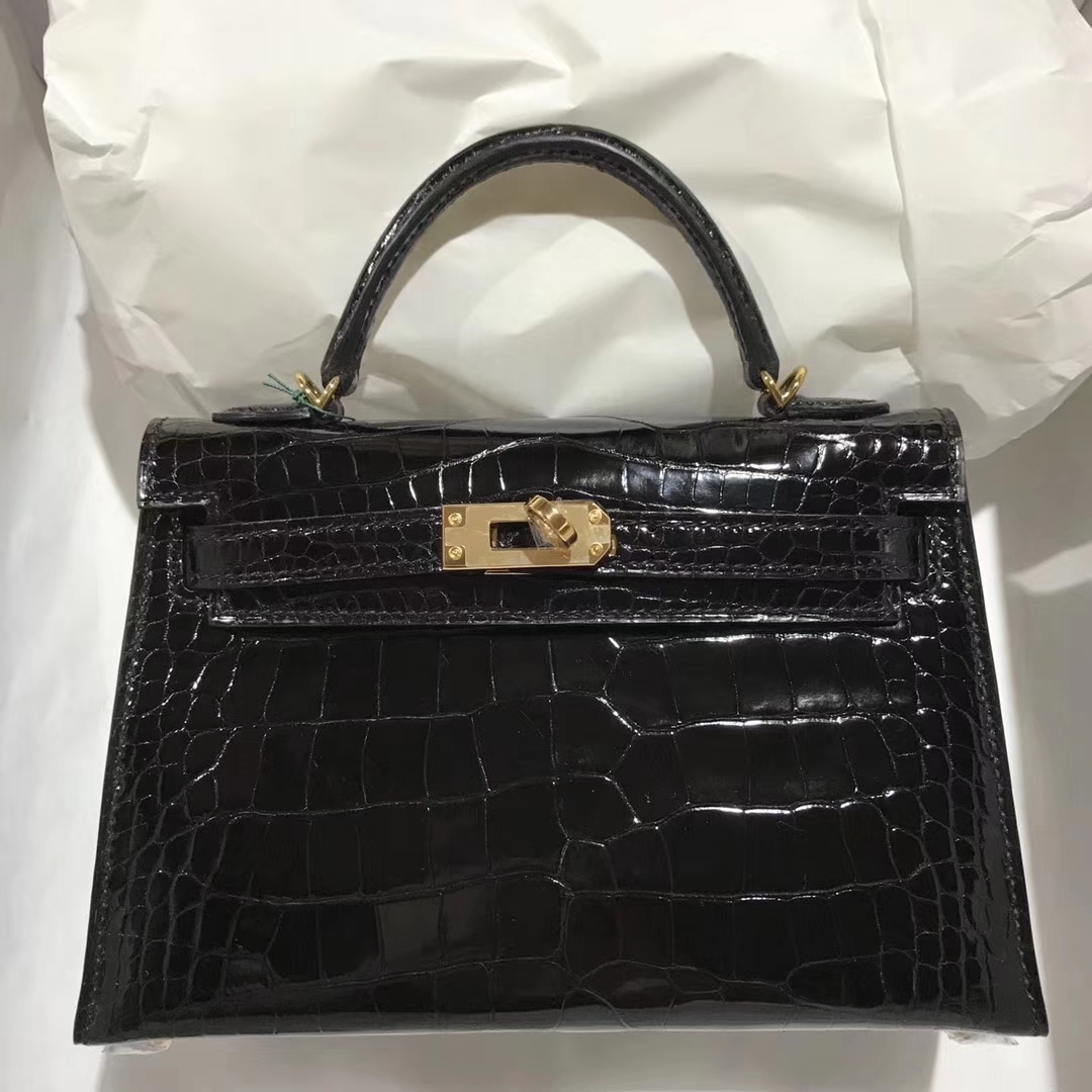 Noble Hermes Shiny Crocodile Leather Minikelly-2 Evening Bag in CK89 Black