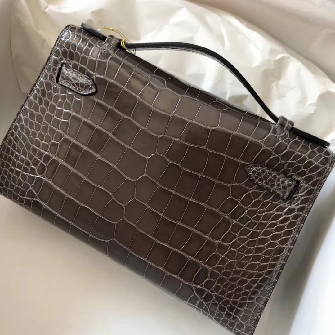 New Hermes Alligator Shiny Crocodile Minikelly Clutch Bag in 8P Pencil Grey