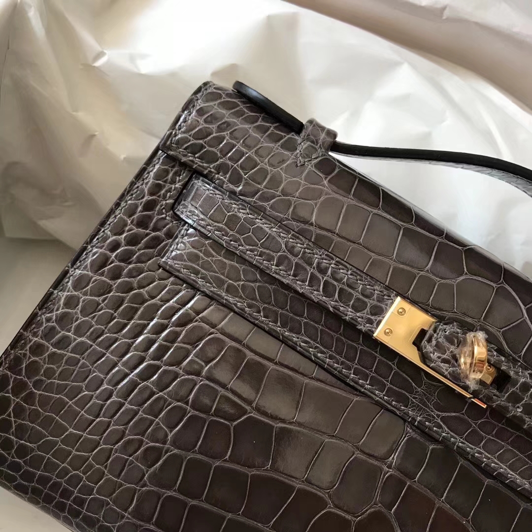 New Hermes Alligator Shiny Crocodile Minikelly Clutch Bag in 8P Pencil Grey