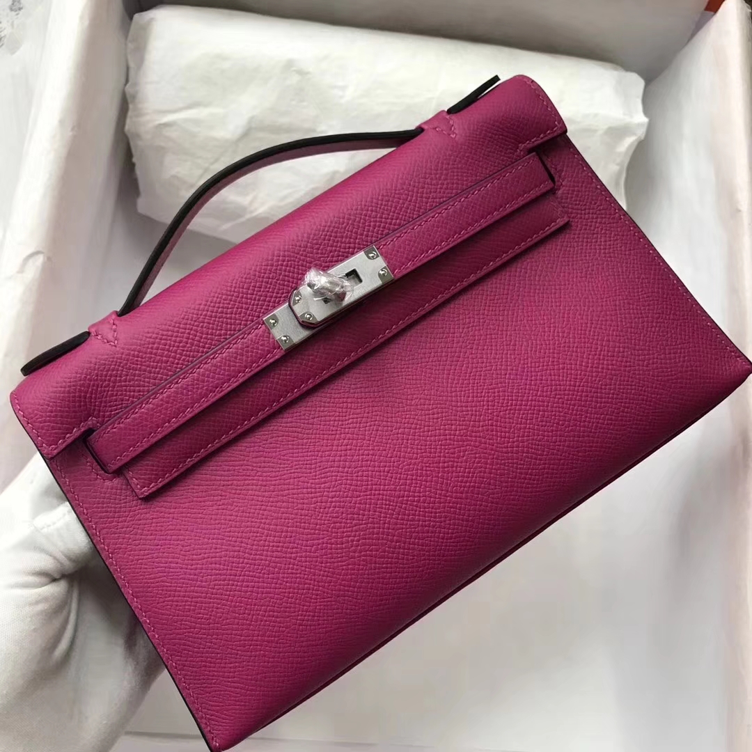 Fashion Hermes L3 Rose Purple Epsom Calf Minikelly Pochette 22CM Silver Hardware