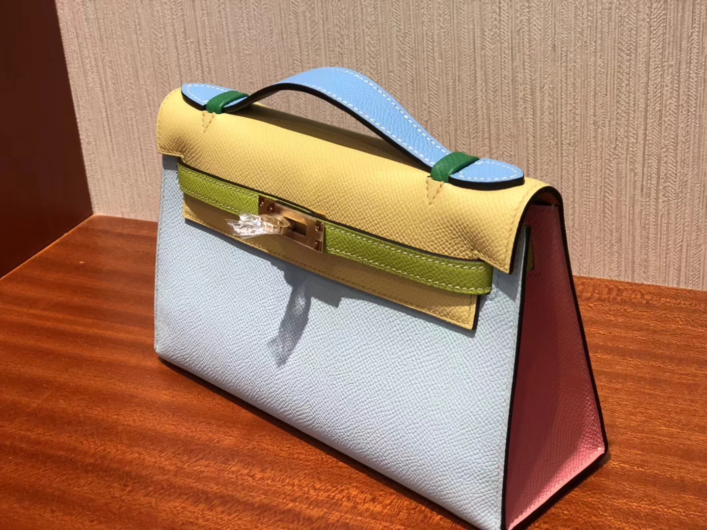 New Arrival Hermes Tri-color Epsom Calf Leather Minikelly Clutch Bag Gold Hardware
