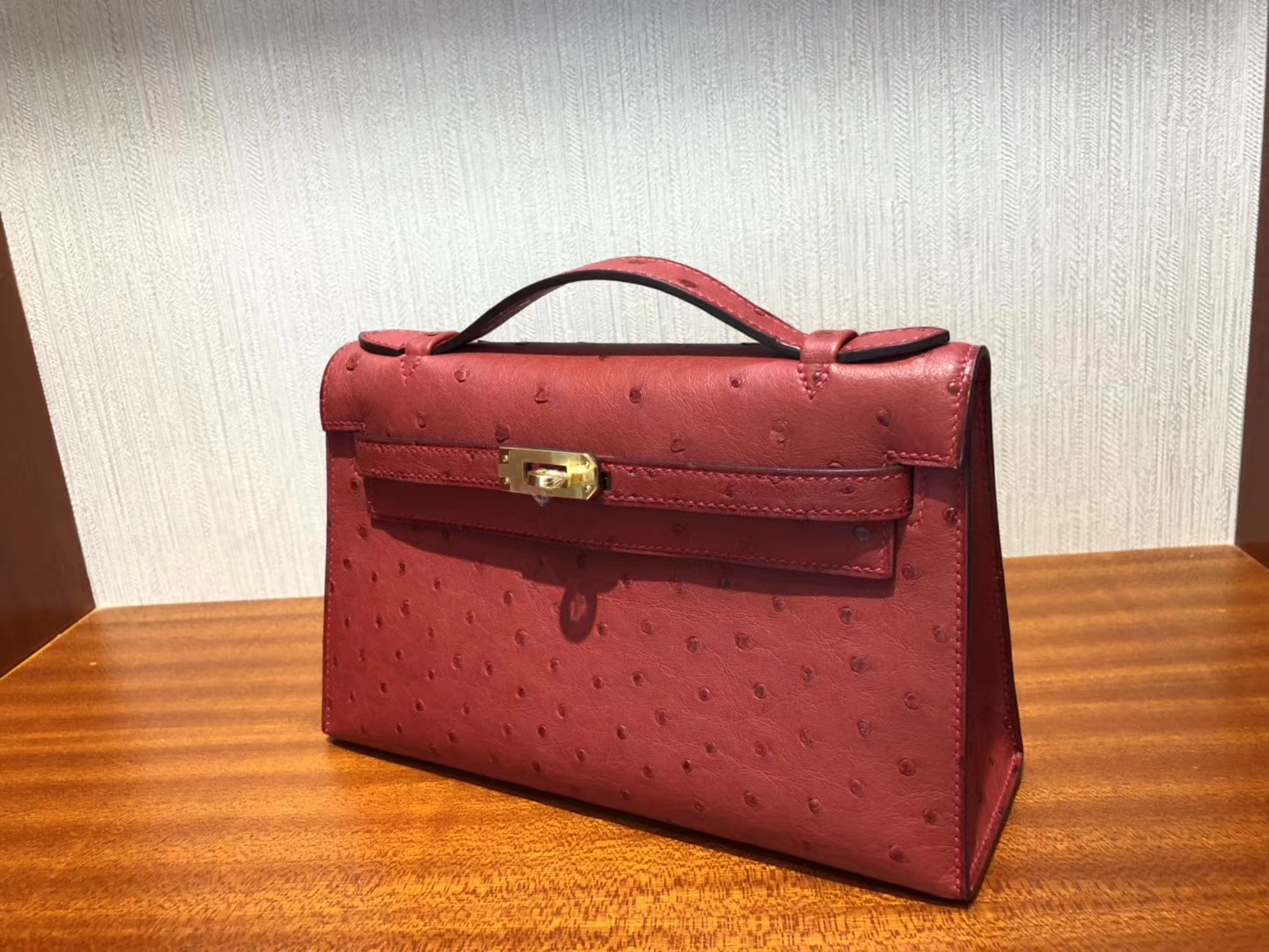 Fashion Hermes Q5 Rouge Casaque Ostrich Leather Minikelly Pochette22CM
