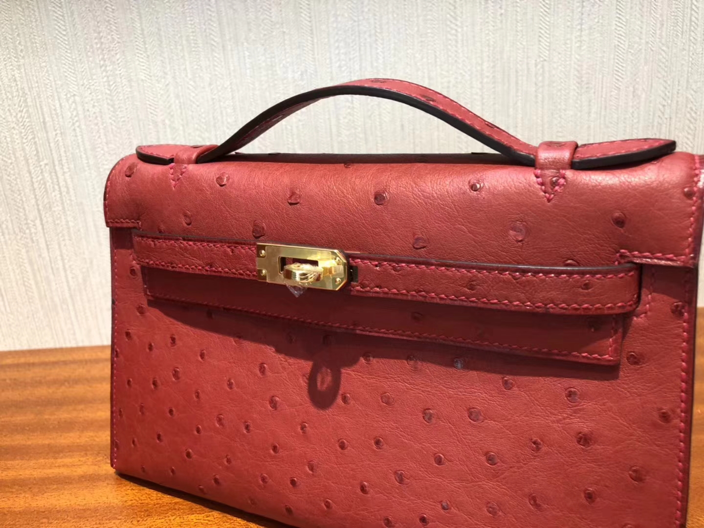 Fashion Hermes Q5 Rouge Casaque Ostrich Leather Minikelly Pochette22CM