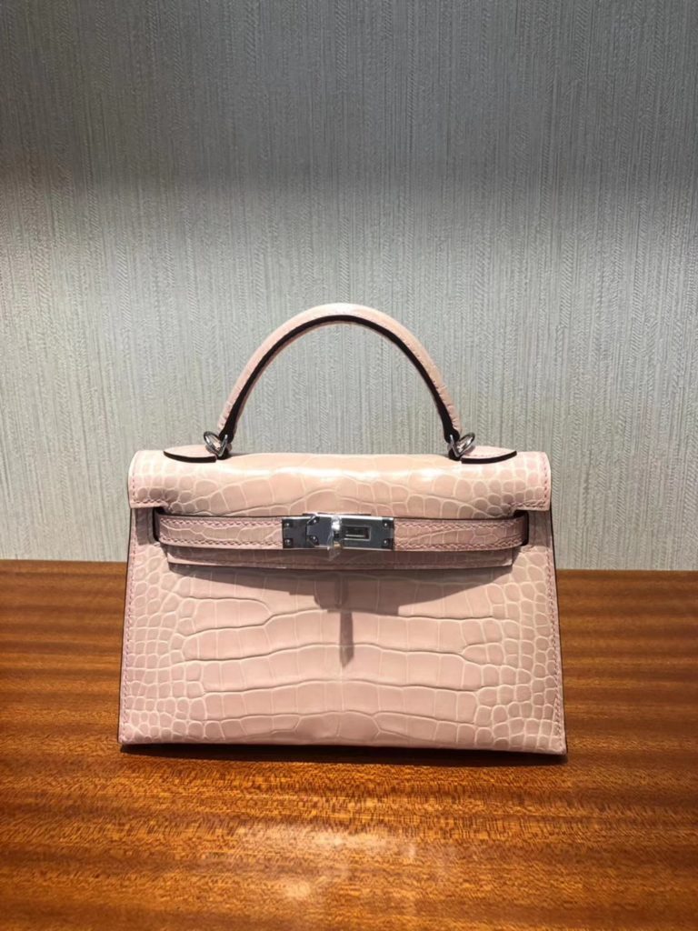 Hermes Shiny Crocodile Leather Minikelly-2 Evening Bag in Light Pink