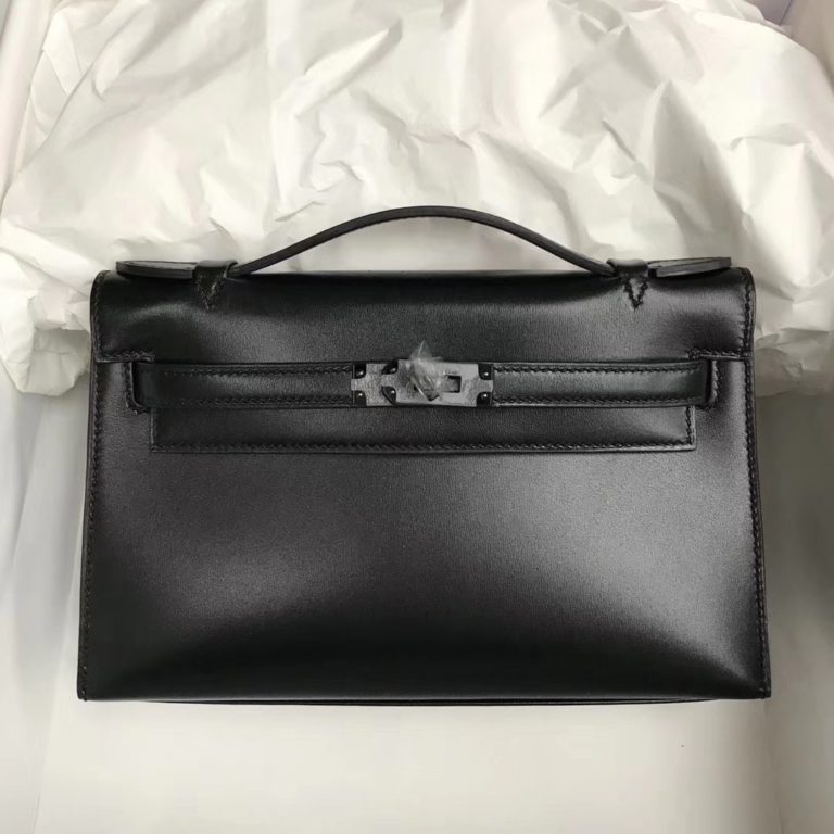 Hermes Black Box Calf Leather Minikelly Clutch Bag 22CM Black Hardware