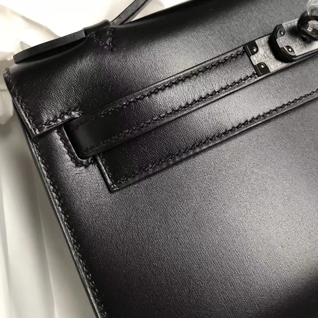 Wholesale Hermes Black Box Calf Leather Minikelly Clutch Bag22CM Black Hardware