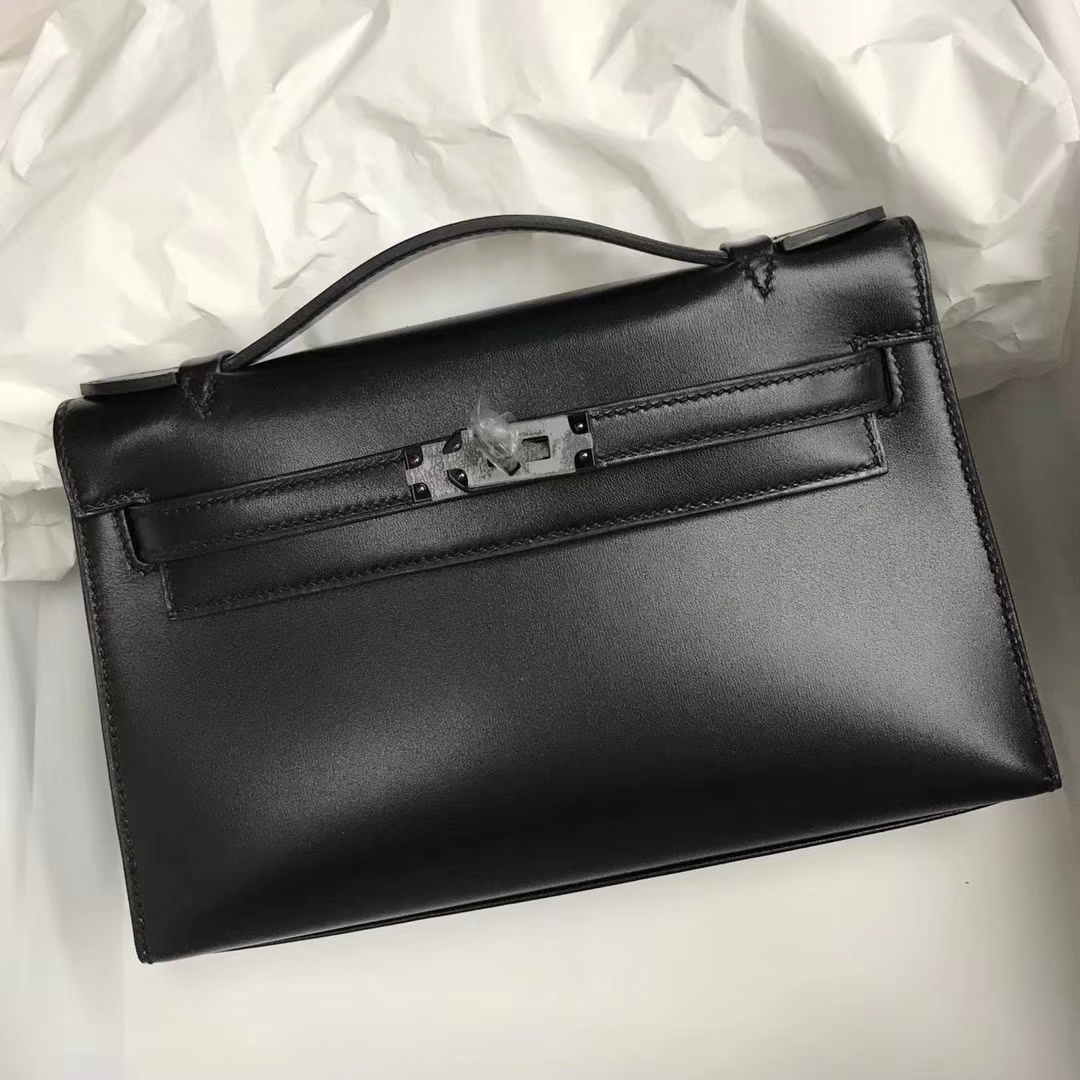 Wholesale Hermes Black Box Calf Leather Minikelly Clutch Bag22CM Black Hardware