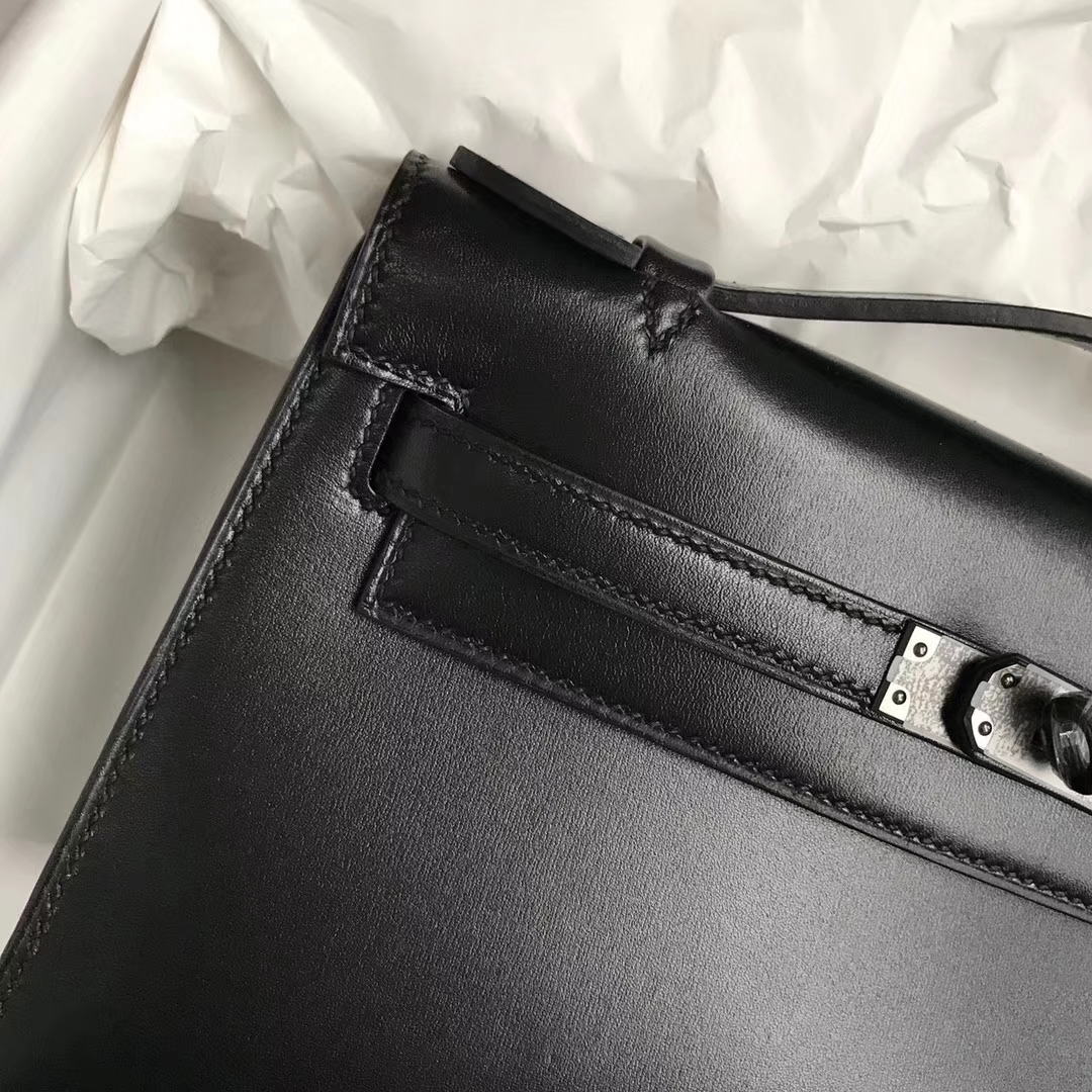 Wholesale Hermes Black Box Calf Leather Minikelly Clutch Bag22CM Black Hardware